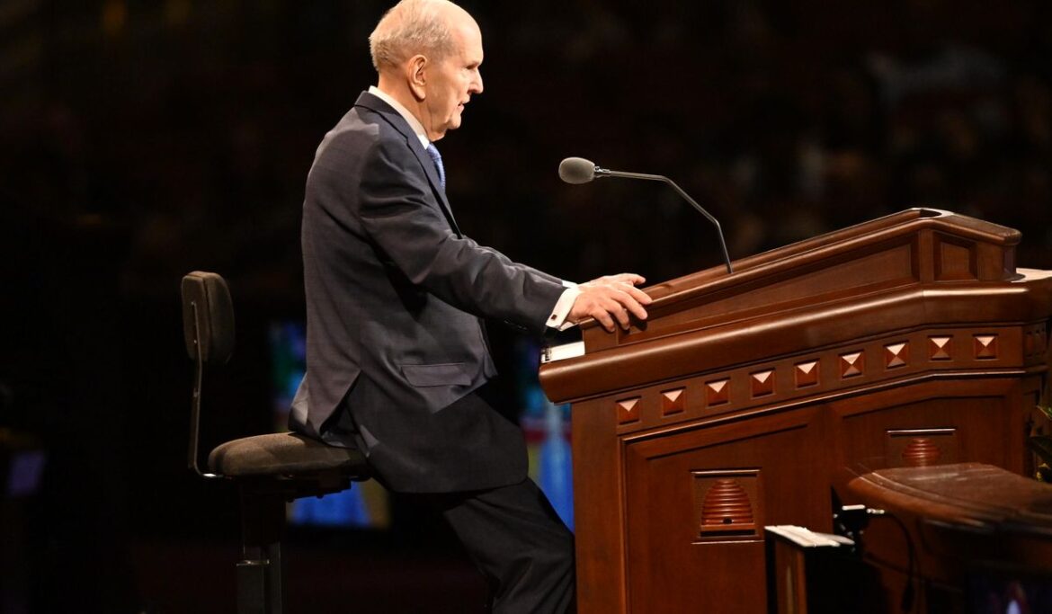 LDS Church leader, 98, decries abuse in global talk, but turns heads for sitting at the podium